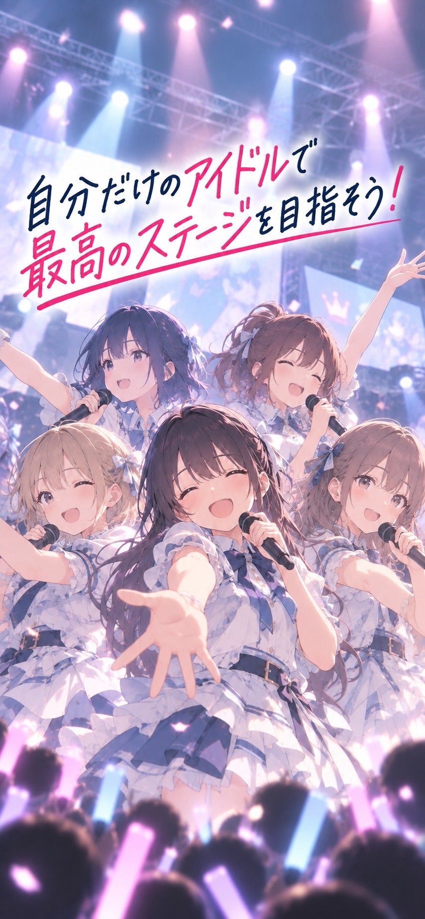光と歓声に包まれたステージで笑顔を見せる5人のアイドル